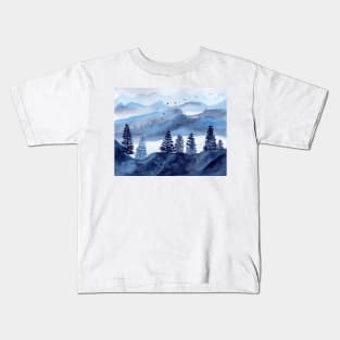 Dreamy Mountains with Fog in Light Blue and Indigo Kids T-Shirt